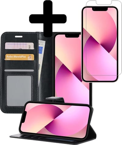 Hoesje - Met Screenprotector - Geschikt voor Apple iPhone 13 Mini - Luxe Pasjeshouder - Bookcase Portemonee - Flip Case - Kunstleer Book Case - Flipcase - Book Cover - Walletcase - Portemonneehoes - Telefoonhoesjes - Zwart