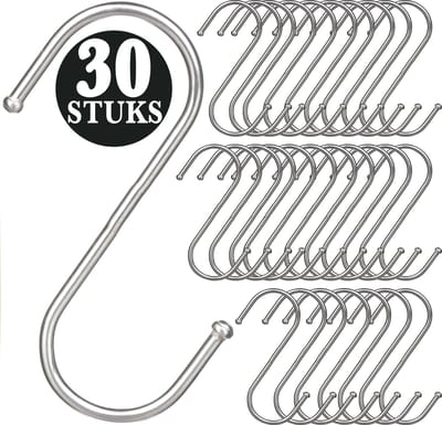30 Stuks - Zilver Metaal S Vormige Haken - 7cm Lengte - Ophanghaken - Haakjes voor Keuken, Badkamer & Tuin - Kledinghangers - Jashaak Hangers - Handdoekhaakjes - Keukengerei Organizer Haak - Kapstok S-haken - Vleeshaken - Muurhaak