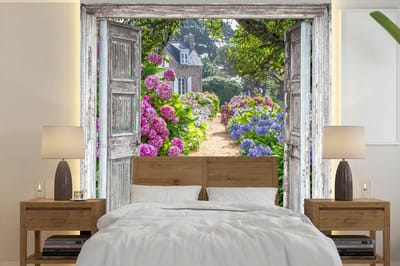 Behang - Fotobehang Doorkijk - Hortensia - Bloemen - Breedte 350 cm x hoogte 350 cm