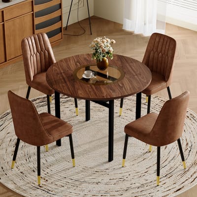 Moderne minimalistische ronde eettafelset (met 4 bruine stoelen van technische stof met zwarte metalen poten), ronde tafel met een diameter van 100 cm in houtlook, geschikt voor eetkamer en keuken.