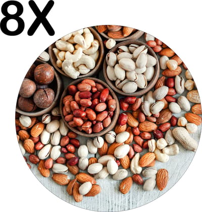 Luxe Ronde Placemat - Verschillende Nootjes op Lichte Achtergrond - Set van 8 Placemats - 50x50 cm - 2 mm dik Vinyl - Anti Slip - Afneembaar