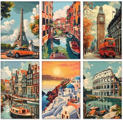 Dailygoods- Schilderen op Nummers Set van 6 - Acrylverf - Voorgespannen Doeken - Professionele Penselen - Voor Volwassenen en Kinderen - Ideaal voor Beginners - Doe-het-zelf Schilderij