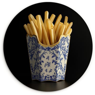 WallCircle® Wandcirkel 120x120 cm - Muurcirkel Friet - Porselein - Delfts blauw - Eten - Muurdecoratie woonkamer - Wanddecoratie slaapkamer - Kamer decoratie accessoires - Ronde schilderijen XXL