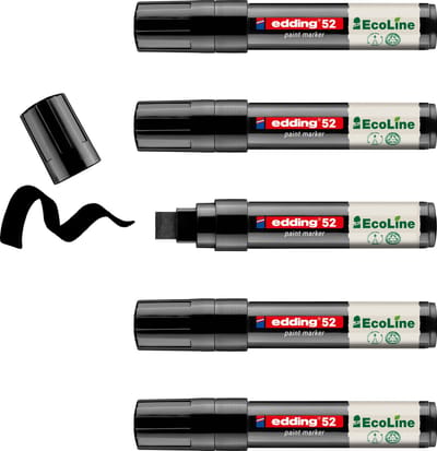edding 52 EcoLine lakmarker op waterbasis zwart 5 stuks - brede beitelpunt 4-15 mm - laag VOS-gehalte - navulbaar - geschikt voor o.a. gladde, donkere en transparante oppervlaktes