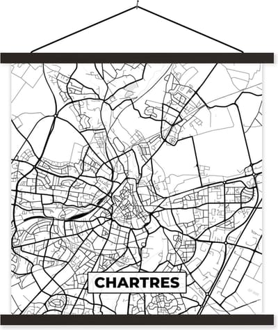 Posterhanger incl. Poster 60x60 cm - Schoolplaat - Stadskaart – Frankrijk – Chartres - Kaart – Plattegrond - Zwart wit - Textielposter - Zwarte latten - Stadskaart