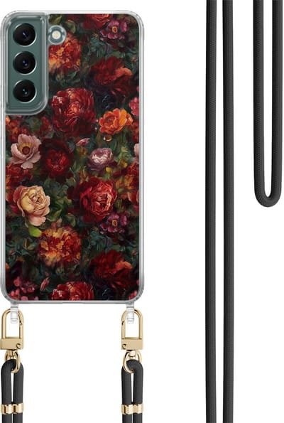 Casimoda® hoesje met zwart koord - Geschikt voor Samsung S22 Plus - Floral Garden - Afneembaar koord - TPU/polycarbonaat - Rood