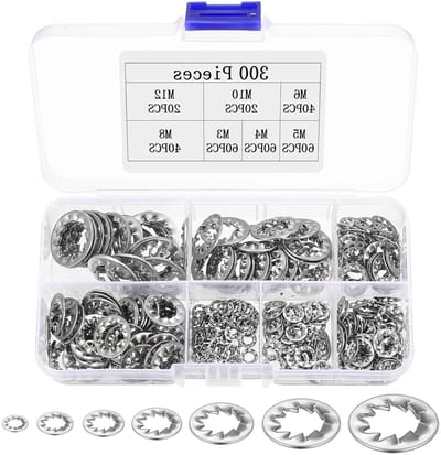 Dailygoods - 300 stuks borgringen, binnentandschijven, klemschijven, bevestiging, roestvrij stalen sluitringen, metalen ringen, gekartelde veerringen, assortiment, M3, M4, M5, M6, M8, M10, M12