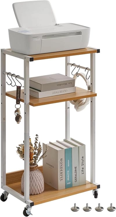 Mobiele Printer Tafel met 3 Planken, Hoogte Verstelbaar en Wieltjes, Ideaal voor Kantoor, Fax, Copier en Scanner, 44 x 30 x 82CM in Natuurlijke Kleur