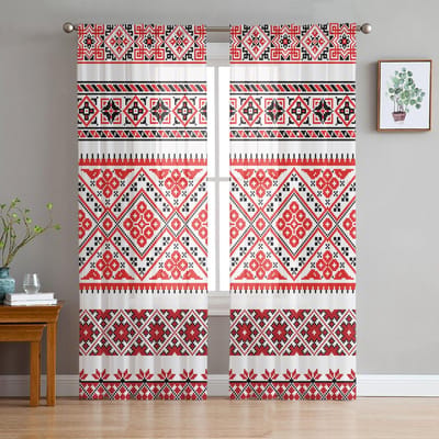 Rood Zwart Patroon Bladeren Moderne Tule Gordijnen Voor Woonkamer Slaapkamer Huis Keuken Raam Transparante Gordijnen 135W x 114H(cm) red