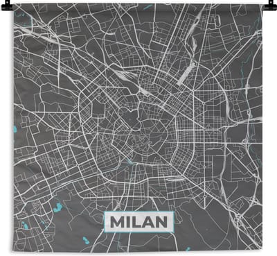 Wandkleed - Wanddoek - Milaan - Stadskaart - Blauw - Plattegrond - Kaart - 180x180 cm - Wandtapijt