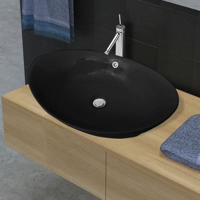 vidaXL - Wastafel - met - overloop - zwart - ovaal - keramiek - 59 - x - 38,5 - cm
