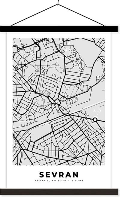 Posterhanger incl. Poster 40x60 cm - Schoolplaat - Kaart - Stadskaart - Sevran - Plattegrond - Frankrijk - Textielposter - Zwarte latten - Stadskaart