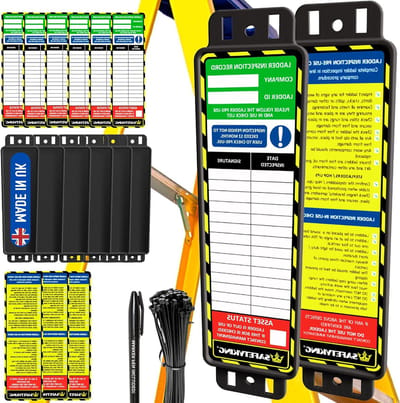 Laddertag Set - Ladder Inspectie Tags - Veiligheid Controleren - Hoge Zichtbaarheid - 5 Houders 20 Inzetstukken - Geel