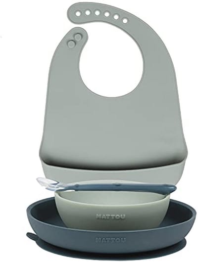 Siliconen servies voor kinderen, 4-delig met lepel, bord, kom en slabbetje - BPA-vrij en flexibel ontwerp