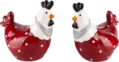 Dekoratief | Duo peper/zout kippetjes, rood/wit, keramiek, 9x6x9cm | A240072