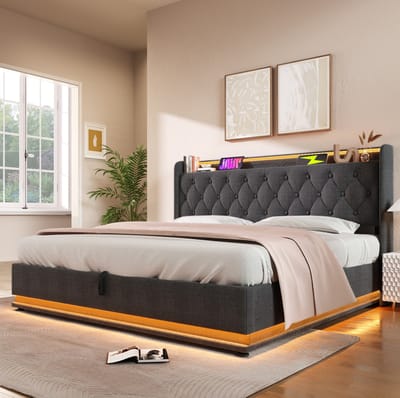 MEUNIQ tweepersoons bed 140x200 cm met hydraulische opbergruimte, 360 graden LED, USB en Type-C, gestoffeerd hoofdbord, lattenbodem, slaapkamer, grijs