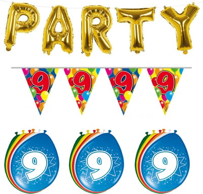Folat - Verjaardag feestversiering 9 jaar PARTY letters en 16x ballonnen met 2x plastic vlaggetjes