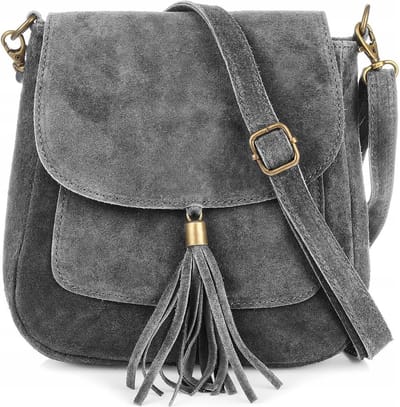 Donkergrijze Suède Schoudertas Tassle - Suède Boho Schoudertassen met Kwastje - Italiaans Suède - Verstelbaar Hengsel - Borse in Pelle -Donkergrijs
