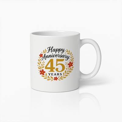 Gelukkige 45ste Verjaardag Mok 330ml – Elegante Gouden en Rode Bloem Design – Perfect Cadeau voor 45 Jaar Jubileum