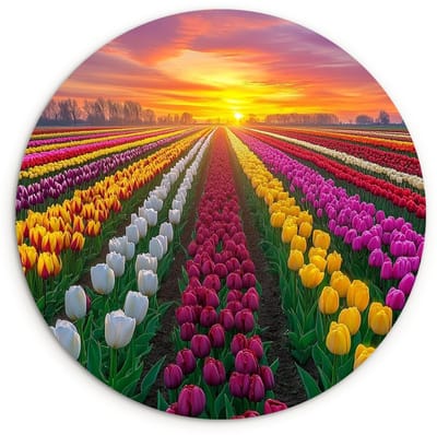 WallCircle® Wandcirkel 120x120 cm - Muurcirkel Tulpenveld - Zonsondergang - Kleurrijk - Muurdecoratie woonkamer - Wanddecoratie slaapkamer - Kamer decoratie accessoires - Ronde schilderijen XXL