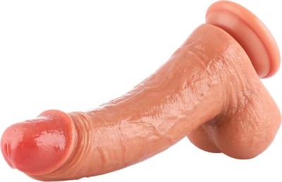 Realistische Dildo Gebogen Beige Opzetstuk 23 cm KlicLok en Zuignap