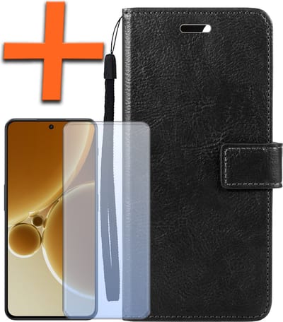Hoes - Met Screenprotector - Geschikt voor OnePlus Nord 3 - Luxe Pasjeshouder - Bookcase Portemonee - Flip Case - Kunstleer Book Case - Flipcase - Book Cover - Walletcase - PortemonneeHoes - Zwart