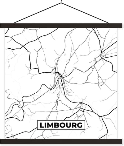 Posterhanger incl. Poster 60x60 cm - Schoolplaat - Stadskaart – Zwart Wit - Kaart – Limbourg – België – Plattegrond - Textielposter - Zwarte latten - Stadskaart