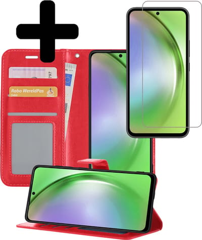 Hoesje - Met Screenprotector - Geschikt voor Samsung Galaxy A54 - Luxe Pasjeshouder - Bookcase Portemonee - Flip Case - Kunstleer Book Case - Flipcase - Book Cover - Walletcase - Portemonneehoes - Telefoonhoesjes - Rood