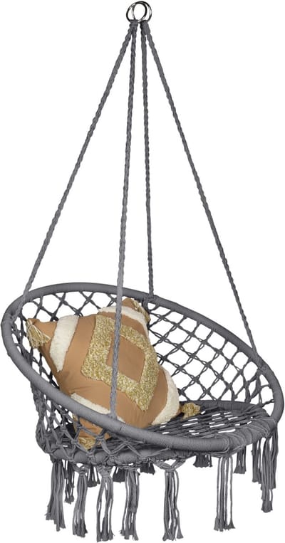 QUVIO Hangstoel voor buiten - Touw met houten stang - 68 x 80 x 115 cm - Max. 150 kg - Voor binnen en tuin - Exclusief kussen - Lichtgrijs