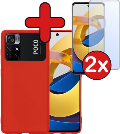 Hoesje - Met 2x Screenprotector - Geschikt voor Xiaomi Poco M4 Pro 5G - Sterk & Shockproof - Telefoon Hoes - Back Cover - Siliconen Case - Telefoonhoes - Rood