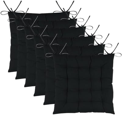 Stof Textile stoelkussens DUO - 6x - zwart - 38 x 38 x 3.5 cm - touwtjes sluiting - zitkussens - binnen/buiten