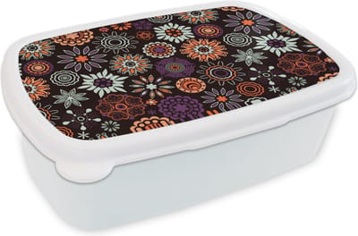 Broodtrommel Wit - Lunchbox - Brooddoos - Retro - Bloemen - Regenboog - Boho - Patronen - 18x12x6 cm - Volwassenen