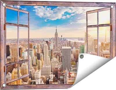 Gards Tuinposter Doorkijk New York Manhattan tijdens Zonsondergang - 60x40 cm - Tuindoek - Tuindecoratie - Wanddecoratie buiten - Tuinschilderij