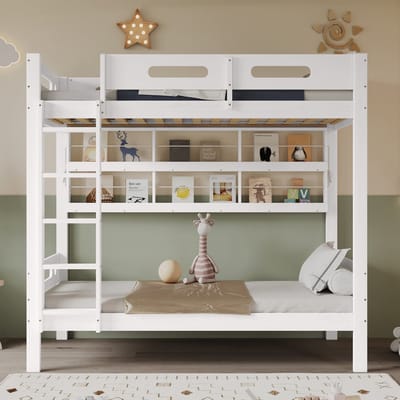 Stapelbed - 90x200 - Met Valbeveiliging En Open Rek - Opbergontwerp - Grenenhout MDF - Wit