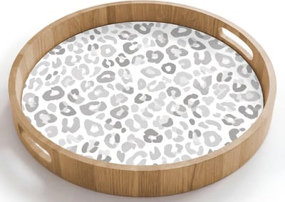 Dienblad rond 40x40 cm - Schootdienblad hout - Luipaard - Motief - Grijs - Borrelplank rechthoek - Plateau houten dienbladen