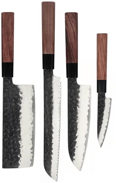 Shinrai Knives - Kurayami 4-delige Damascus Messenset - Santoku + Broodmes + Nakiri + Schilmes