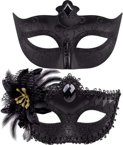 Dailygoods- Venetiaans Masker - Set van 2 - Zwart Kunststof - Lichtgewicht - Duurzaam - Versierd met Kanten en Strass - Feestmasker