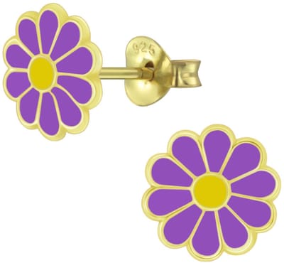 Joy|S - Zilveren madelief bloem oorbellen - paars - gold plated