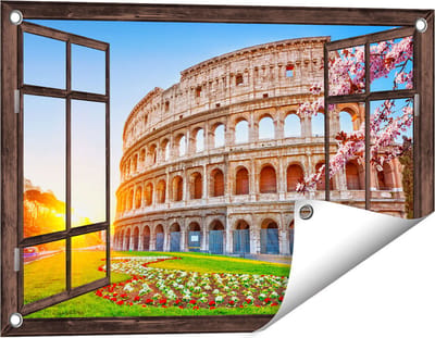 Gards Tuinposter Doorkijk Colosseum bij Zonsopgang in Rome, Italië - 60x40 cm - Tuindoek - Tuindecoratie - Wanddecoratie buiten - Tuinschilderij