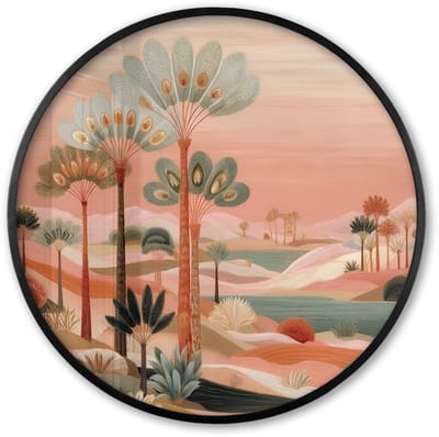 Poster in lijst Rond - Fotolijst 60x60 cm - Posters - Roze landschap - Palmen - Water - Ronde posterlijst zwart - Decoratie - Wanddecoratie woonkamer - Muurdecoratie slaapkamer