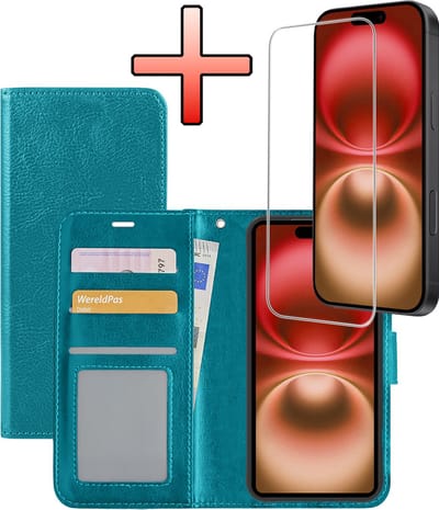 Hoesje - Met Screenprotector - Geschikt voor Apple iPhone 16 - Luxe Pasjeshouder - Bookcase Portemonee - Flip Case - Kunstleer Book Case - Flipcase - Book Cover - Walletcase - Portemonneehoes - Turquoise