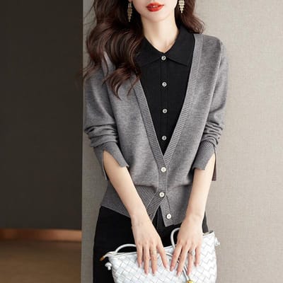 Herfst Nieuw Dameskleding Ontwerp Niche Nep Twee Delig Top Gebreide Trui Basis Shirt XXXL gray