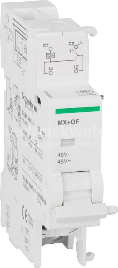 Schneider Electric Acti9 iDPN - Nevenapparaat modulair / MX+OF - Uitschakelspoel - 1C/O - 48V DC/AC - Acti9  - A9N26947, 3606480382963, 10108098, 1861804-02, 00711353 | Apparaatmontage: Installatieautomaat | Breedte in module-eenheden: 1