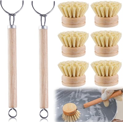 Thijox - Houten Afwasborstel Set met 3 Verwisselbare Borstelkoppen - Duurzaam Beukenhout, Ideaal voor Keuken, Afwasborstel met Grote Ronde Kop, 14 cm