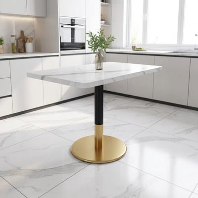 Keukentafel - 80 x 60 cm - Kleine Rechthoekige Eettafel Marmer Look met Metalen Zuil en Gouden Basis voor 2 Personen - MDF en Metaal - Wit Marmer Look Zwart Goud