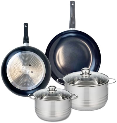 Set van 2 Koekenpannen 28 en 32 cm en 2 kookpotten 20 en 24 cm Elo Prima Glanzend