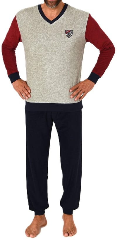 Elegante herenpyjama van badstof, pyjama met V-hals en manchetten op maat. 62
