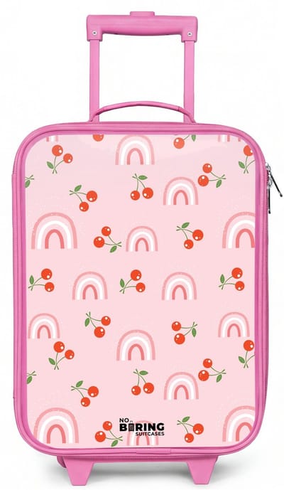 NoBoringSuitcases.com® - Kinderkoffer roze - Kindertrolley meisje - Roze met regenboog en kersen patroon - Koffer kind lichtgewicht - Reiskoffer trolley voor kinderen - Koffertje met lichtgevende wieltjes - Rolkoffer