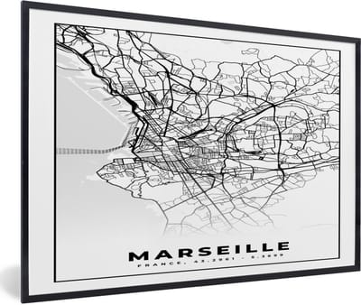 Fotolijst incl. Poster Zwart Wit- Marseille - Kaart - Stadskaart - Frankrijk - Plattegrond - Zwart wit - 60x40 cm - Posterlijst