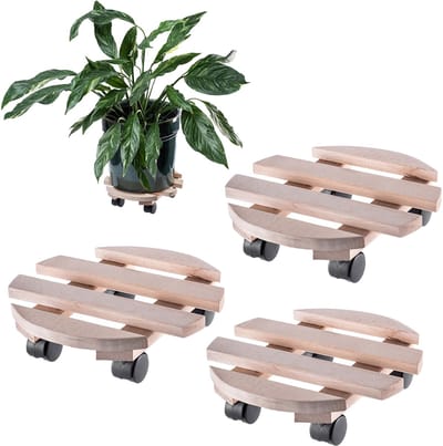 KADAX Bloempotstandaard op Wielen Houten Rond 30cm Set van 3